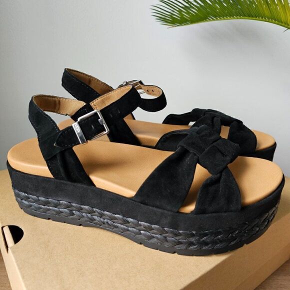 NEW IN BOX UGG NEUSCH BLACK GENUINE LEATHER PLATFORM SANDALS SIZE 9.5 - Picture 1 of 16